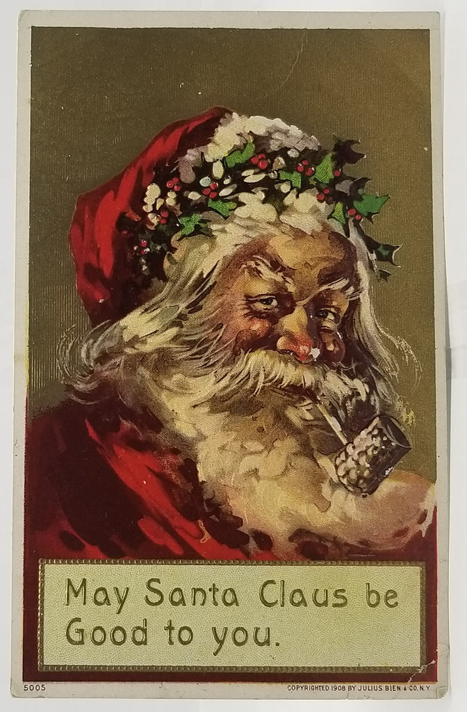 Christmas Postcard Santa Claus in Red Suit Smoking Pipe Gold Background Jules Bien Pub 1908 No 500