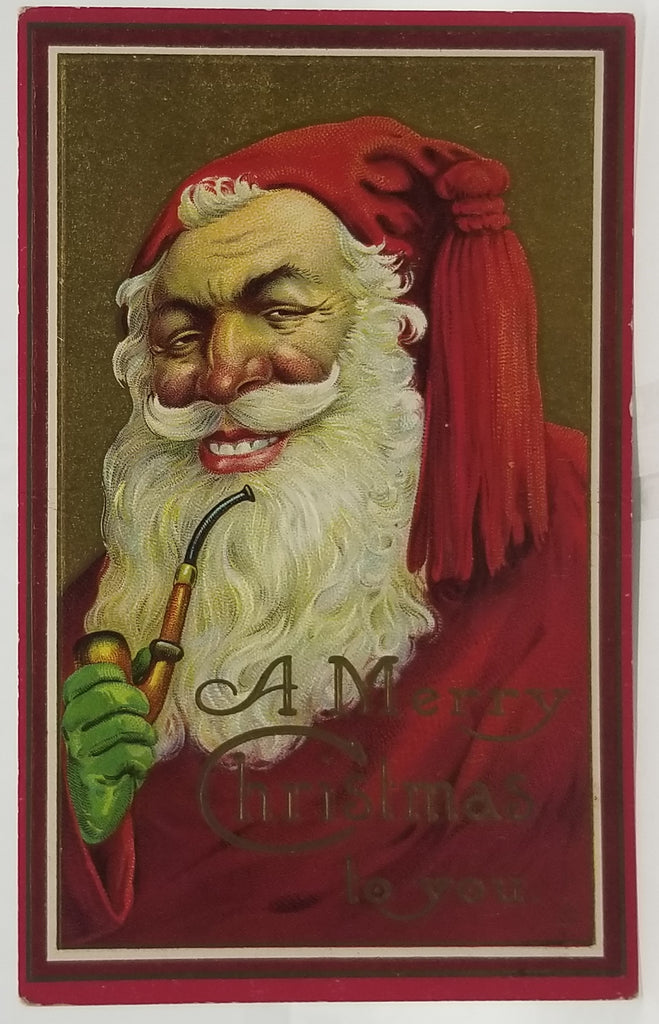 Christmas Postcard Santa Claus in Red Suit Holding Pipe No 213D