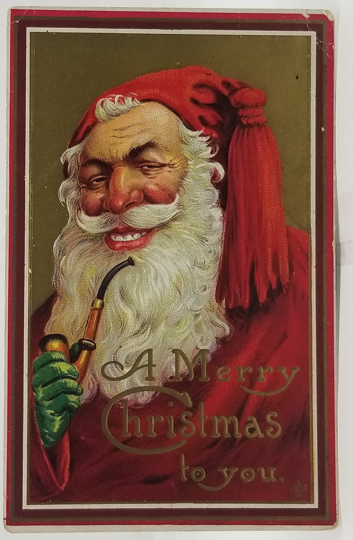 Christmas Postcard Santa Claus in Red Suit Holding Pipe No 213D