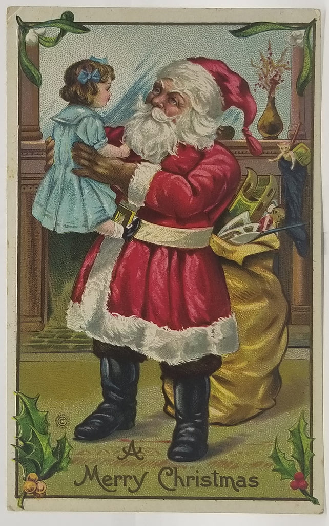 Christmas Postcard Santa Claus Holding Little Girl in Blue Dress Series 227B Embossed St Nick