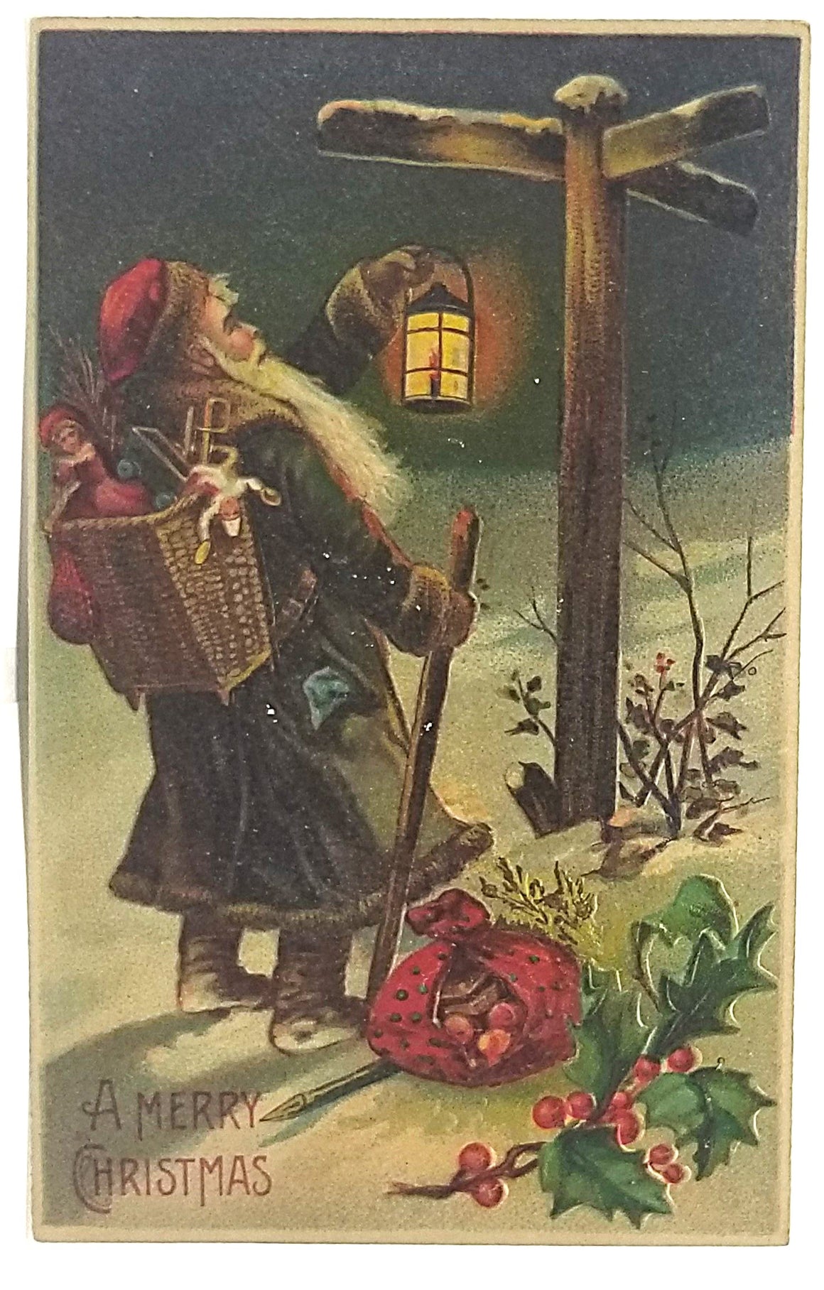 Vintage Christmas Postcard, Santa Claus in Blue Robe Holding Lantern BW 296 Germany, St Nick, Old World Santa