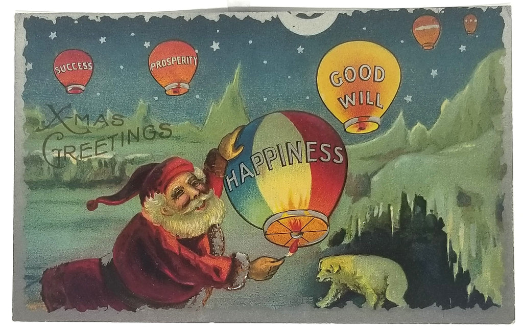 Vintage Christmas Postcard, Santa Claus with Polar Bear, St Nick Sending Chinese Lanterns, Happiness Prosperity Holiday Cheer, Silver XMAS