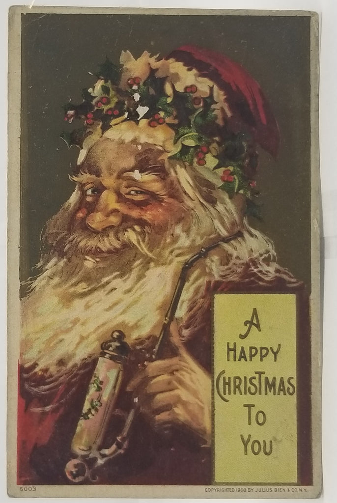 Christmas Postcard Santa Claus in Red Suit Holding Pipe Gold Background Jules Bien Pub 1908 No 500