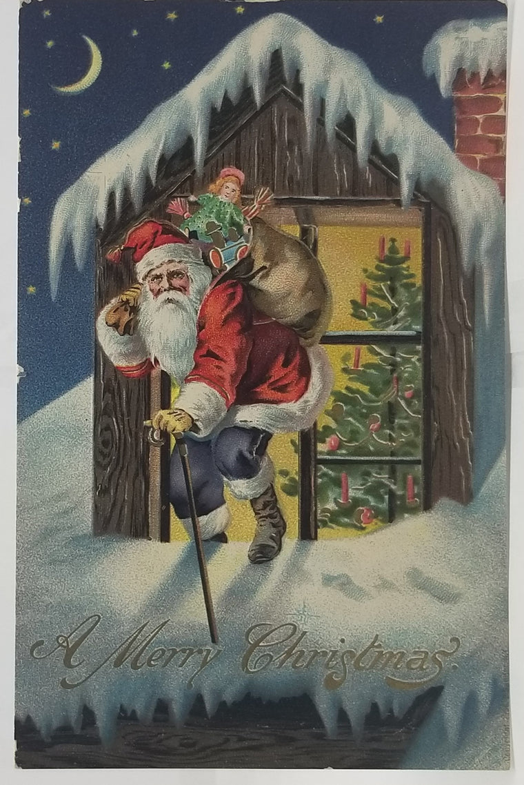 Vintage Christmas Postcard, Santa Claus on Snowy Roof, A Merry Christmas St Nick at Night Holding Toys, German Santa Card