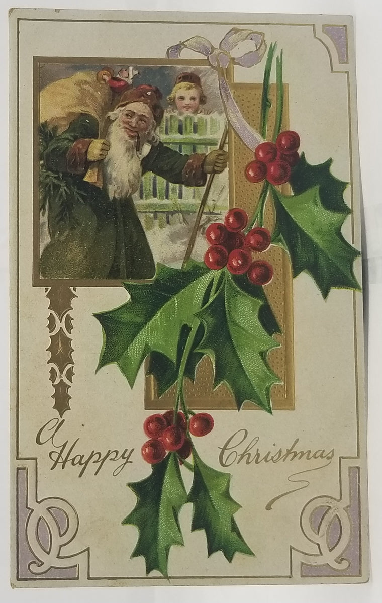 Vintage Christmas Postcard, Old World Santa Claus Elf Style in Green Robe with Child at Fence, XMAS Card Made in Germany