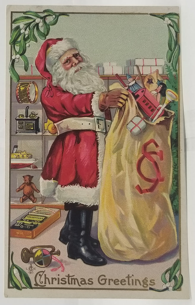 Vintage Christmas Postcard, Antique Santa Claus Post Card, Santa Holding Giant Toy Bag Series 227A Embossed St Nick