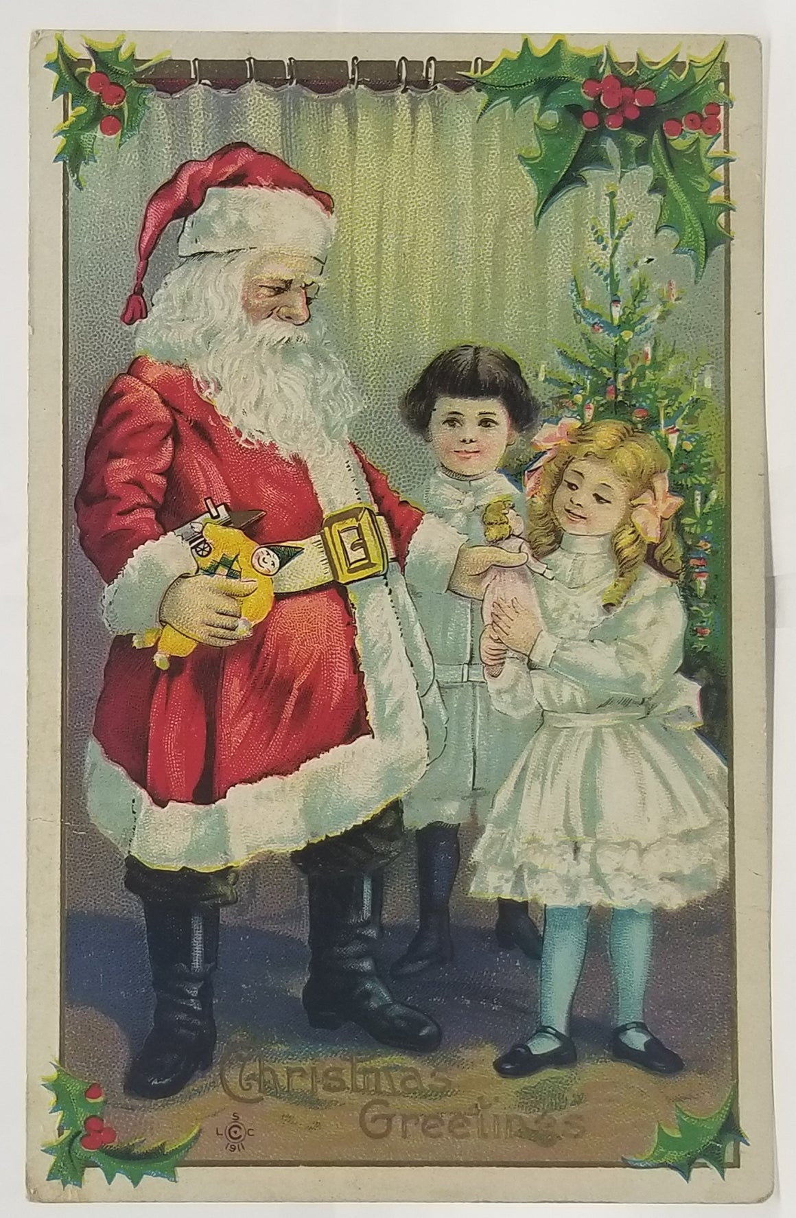 Christmas Postcard Santa Claus with Two Small Children Series 227D Embossed St Nick