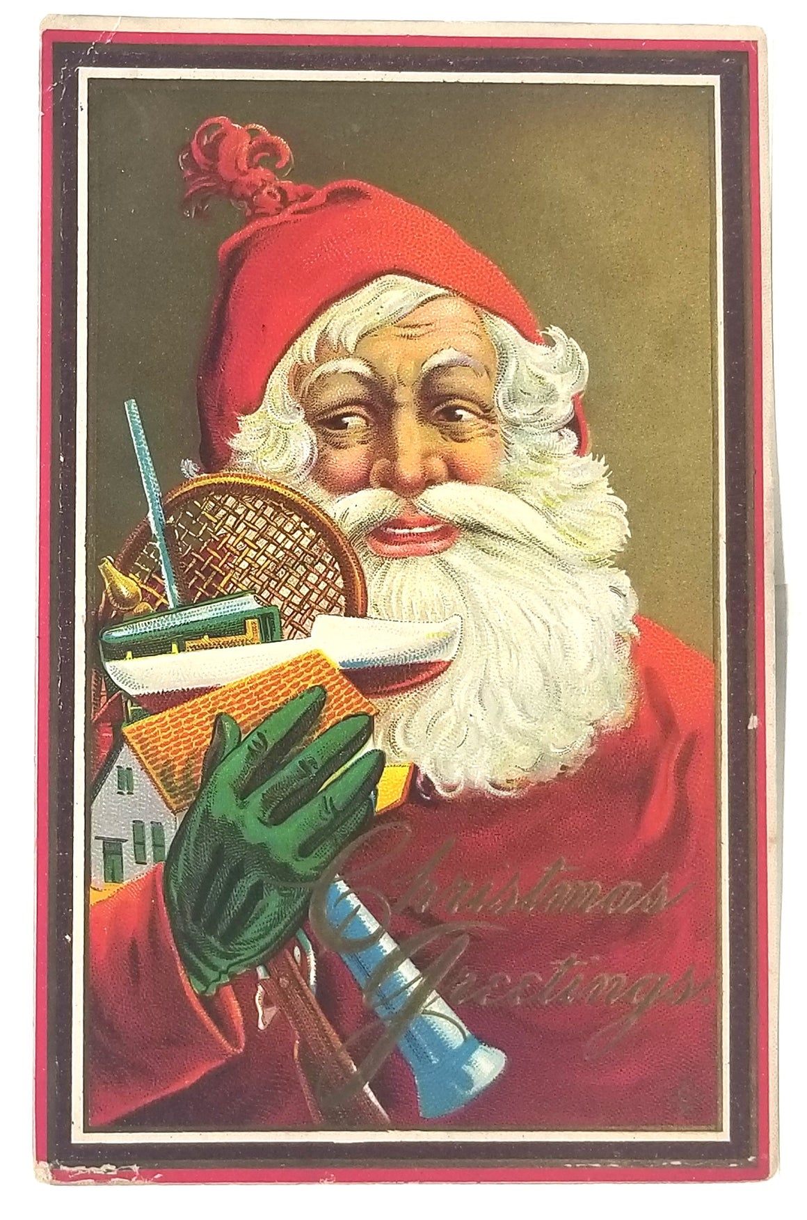 Vintage Antique Christmas Postcard, Santa Claus with Toys Gold Background Series 213B