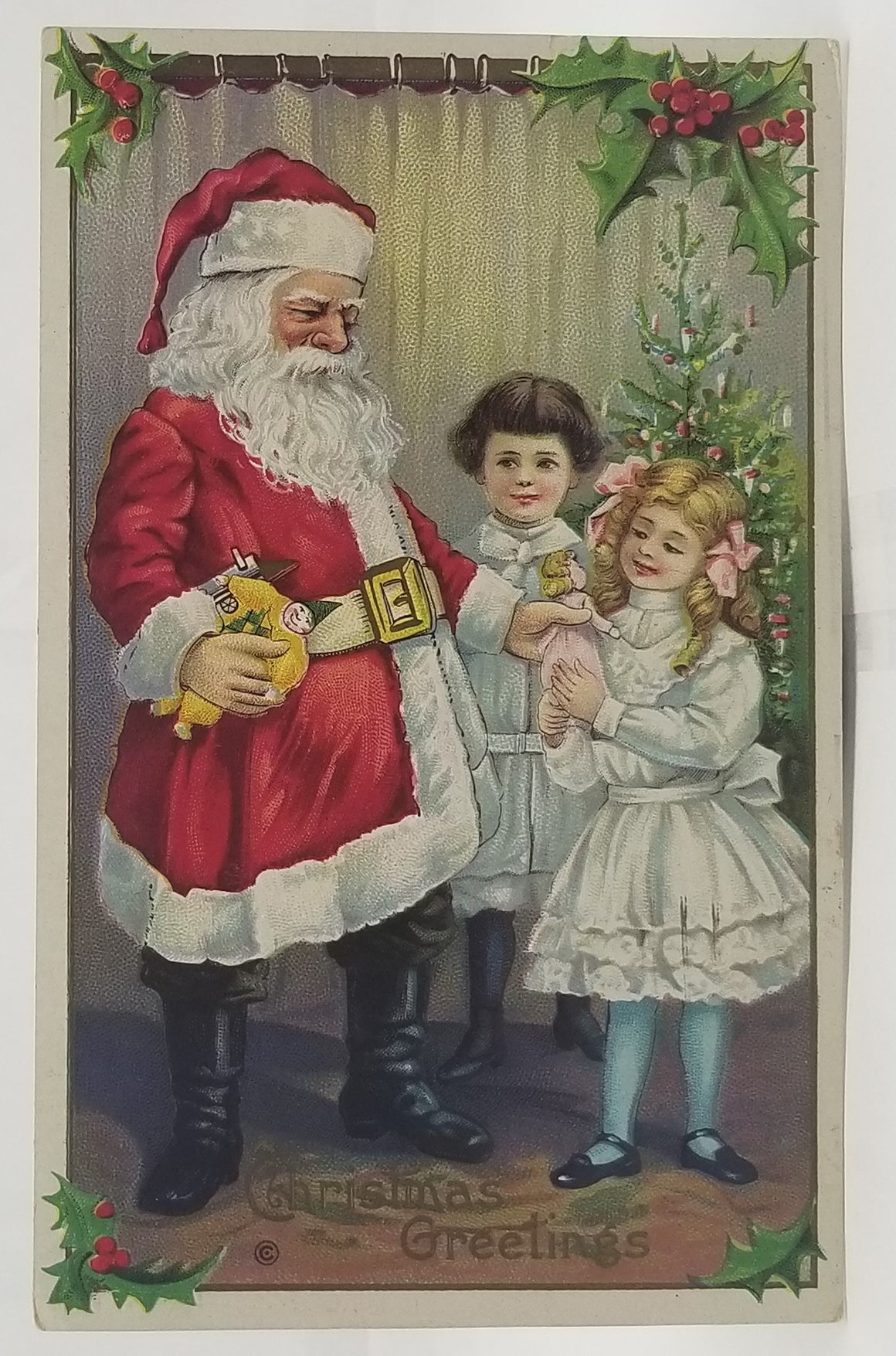 Vintage Christmas Postcard, Antique Santa Claus Post Card, Santa Giving Toys to Children Series 227D Embossed St Nick