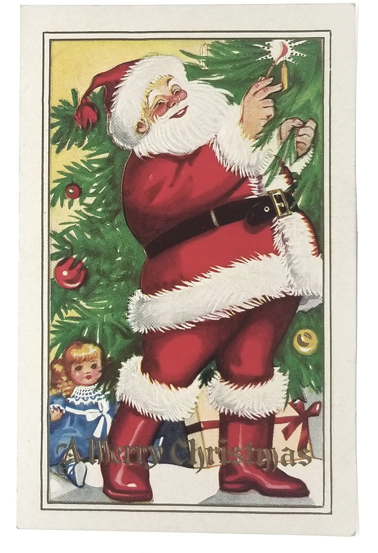 Vintage Antique Christmas Postcard, Santa Claus Decorating Tree C-48 Series