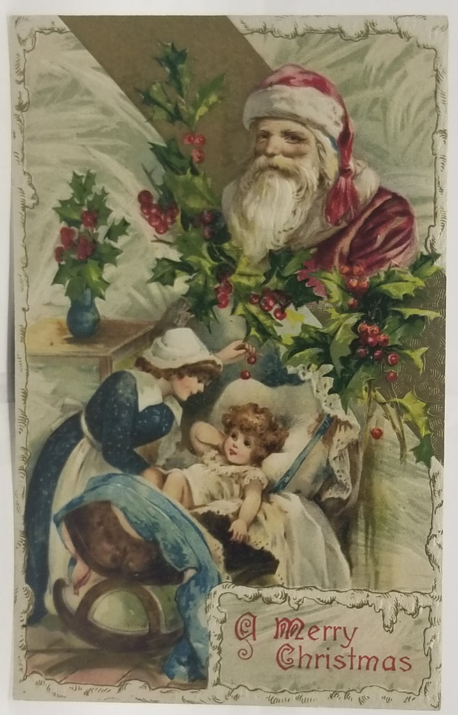 Christmas Postcard Santa Claus with Mother Tucking In Child Art Nouveau Period Winsch Publishing