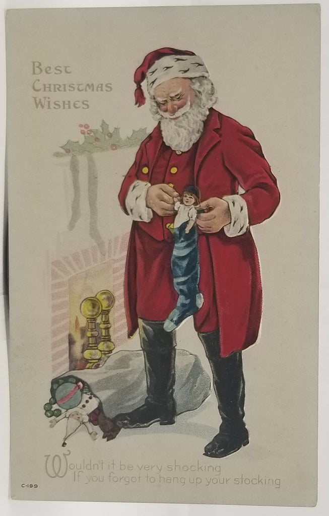 Christmas Postcard Old World Santa Claus in Red Jacket Filling Stockings C-199