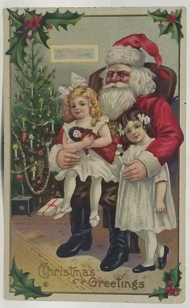 Christmas Postcard Santa Claus with Two Little Girls Seated on His Lap Series 227F Embossed St Nick