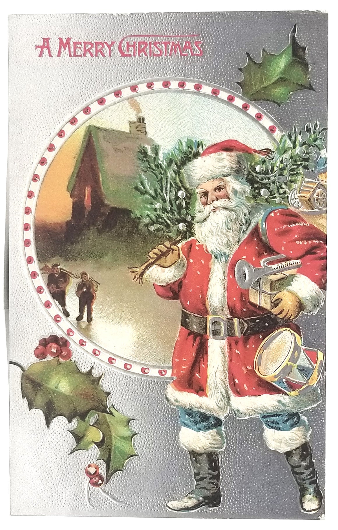 Vintage Antique Christmas Postcard, Santa Claus with Toy Bag Silver Embossed Background House Landscape