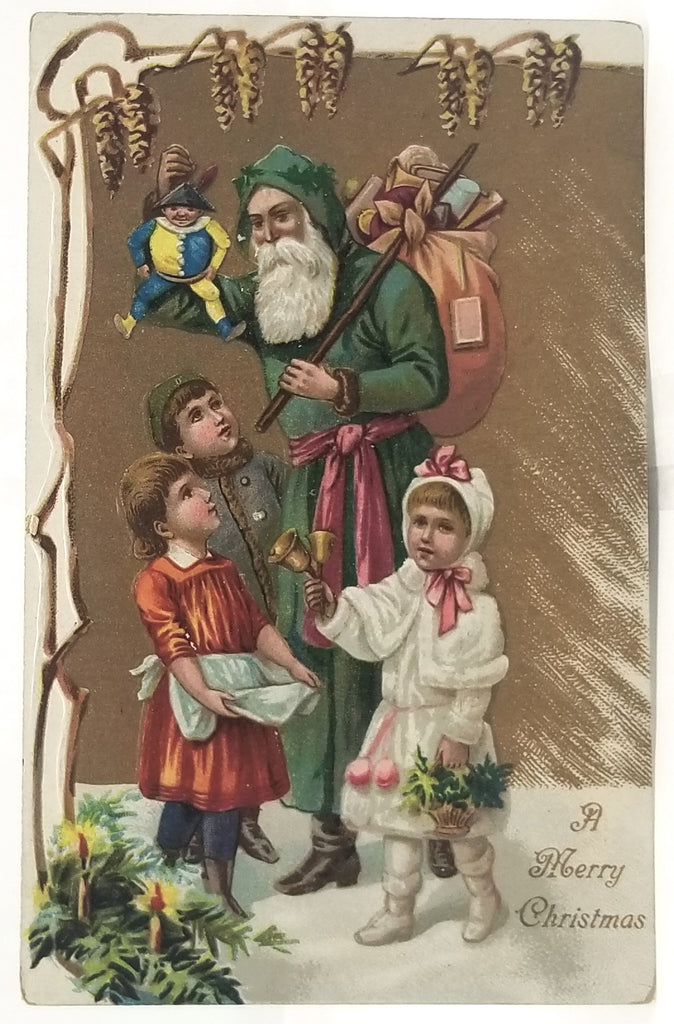 Vintage Antique Christmas Postcard, Old World German Santa Claus in Green Robe with Children & Toys Gold Background