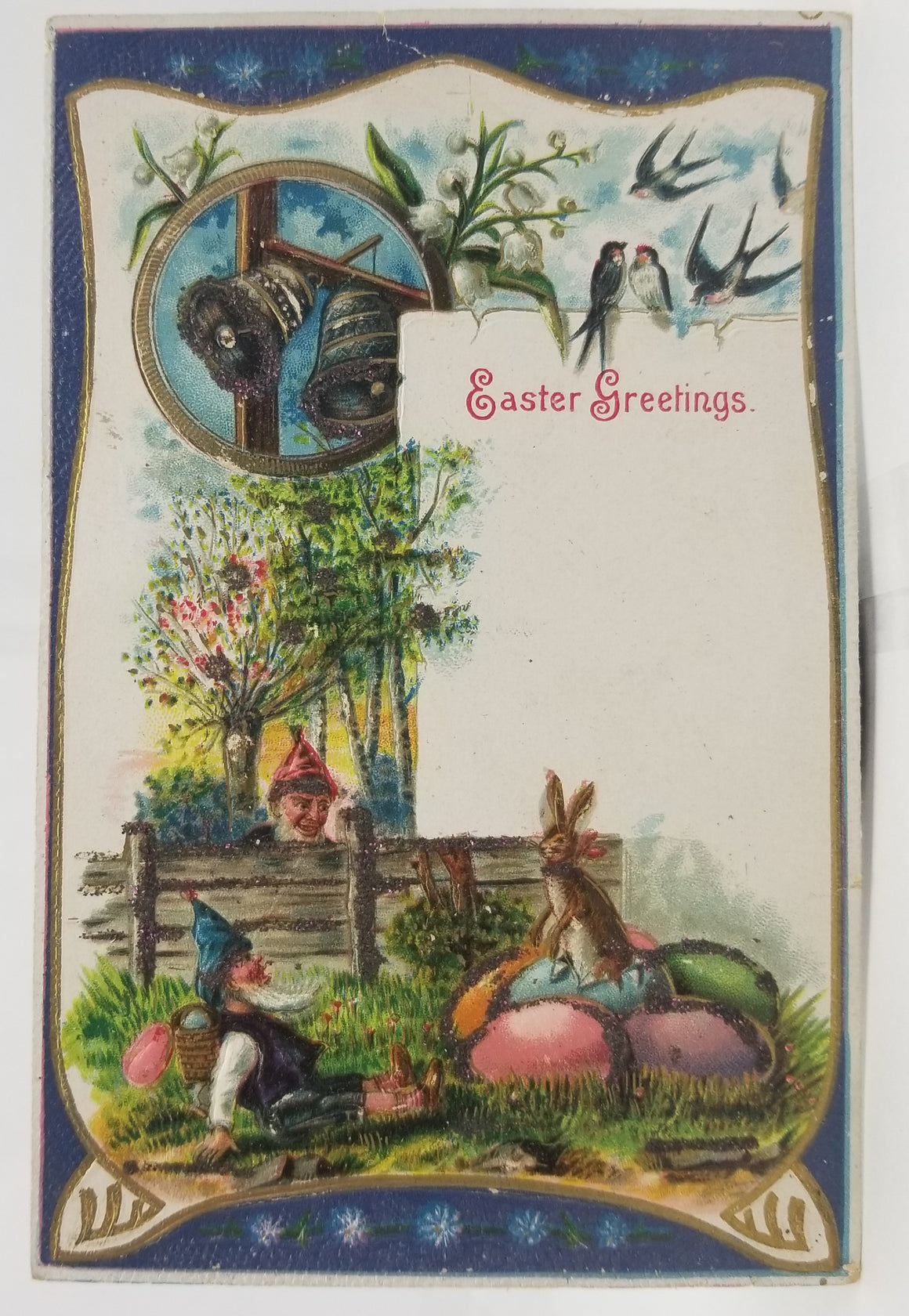 Easter Postcard Gnomes and Bunny Rabbits With Applied Glitter and Painted Eggs Early Undivided