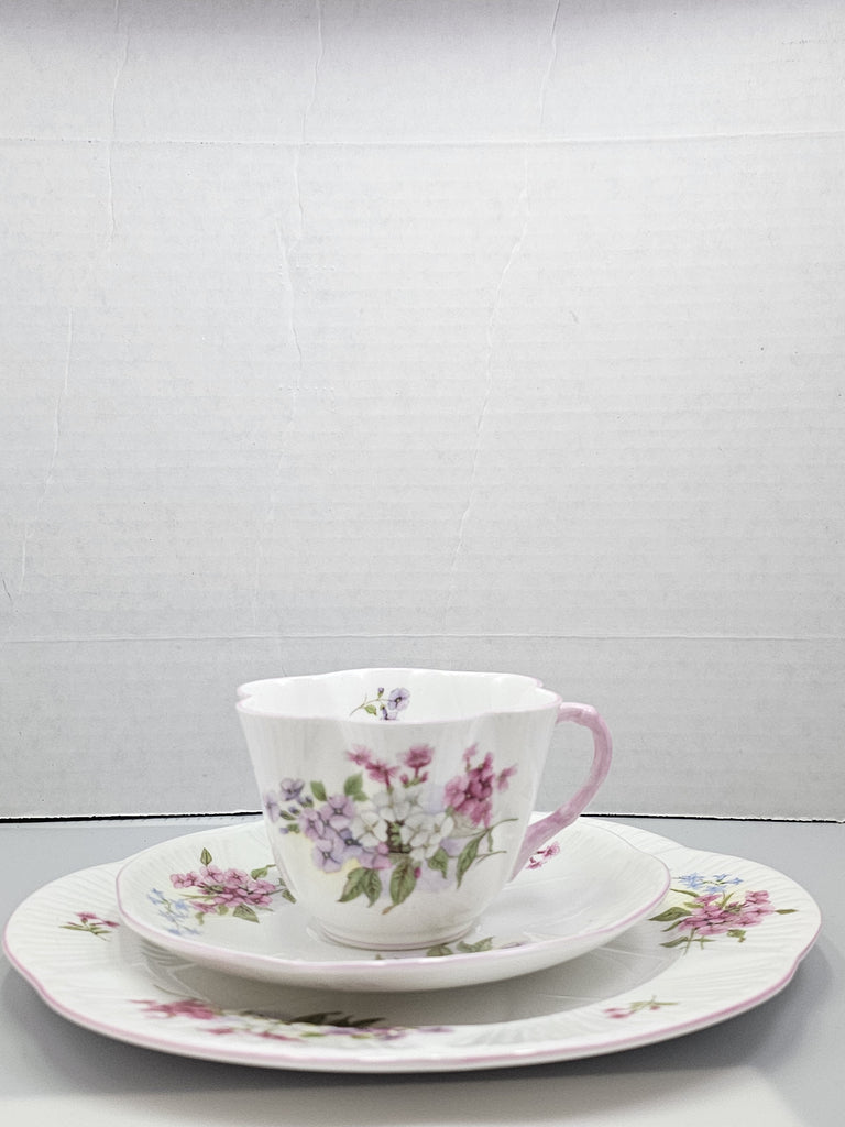 Shelley England Dainty Porcelain Cup Saucer Trio Stocks Pattern Pink Trim Lavender Flowers