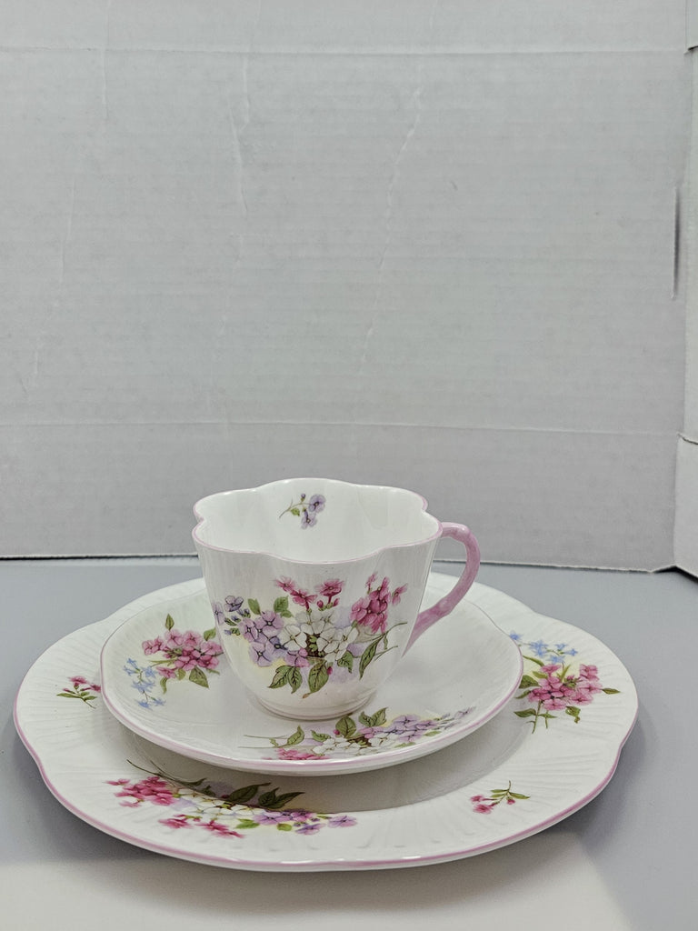 Shelley England Dainty Porcelain Cup Saucer Trio Stocks Pattern Pink Trim Lavender Flowers