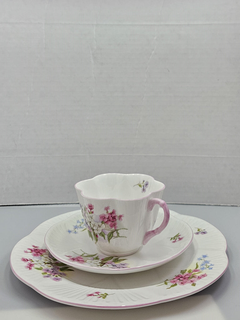 Shelley England Dainty Porcelain Cup Saucer Trio Stocks Pattern Pink Trim Lavender Flowers