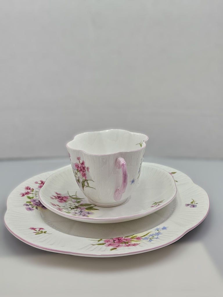 Shelley England Dainty Porcelain Cup Saucer Trio Stocks Pattern Pink Trim Lavender Flowers