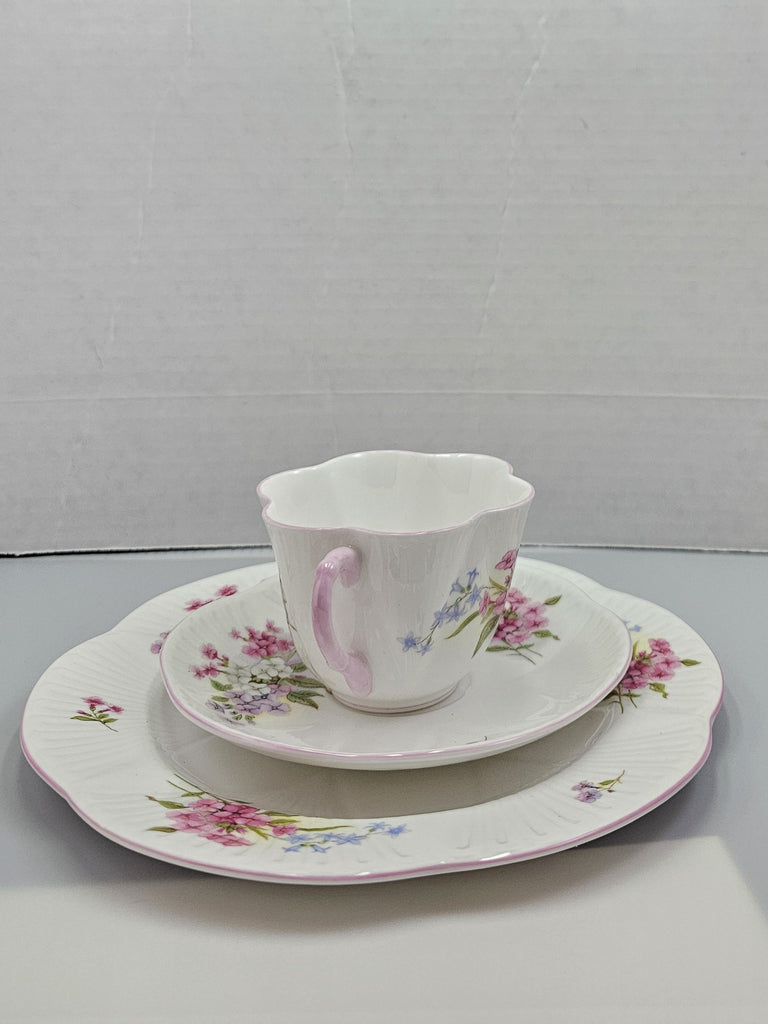 Shelley England Dainty Porcelain Cup Saucer Trio Stocks Pattern Pink Trim Lavender Flowers