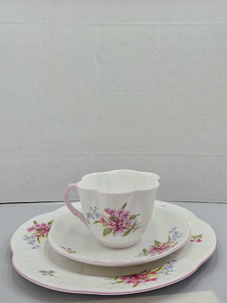 Shelley England Dainty Porcelain Cup Saucer Trio Stocks Pattern Pink Trim Lavender Flowers