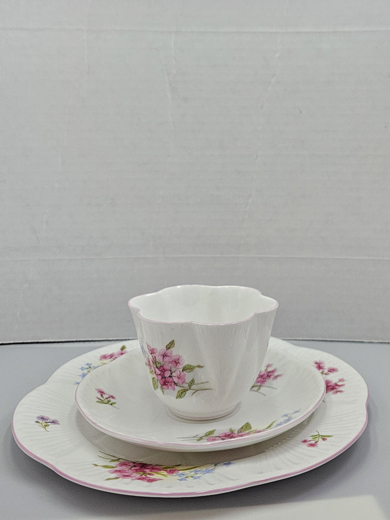 Shelley England Dainty Porcelain Cup Saucer Trio Stocks Pattern Pink Trim Lavender Flowers