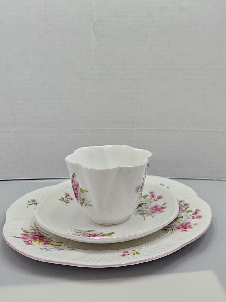 Shelley England Dainty Porcelain Cup Saucer Trio Stocks Pattern Pink Trim Lavender Flowers