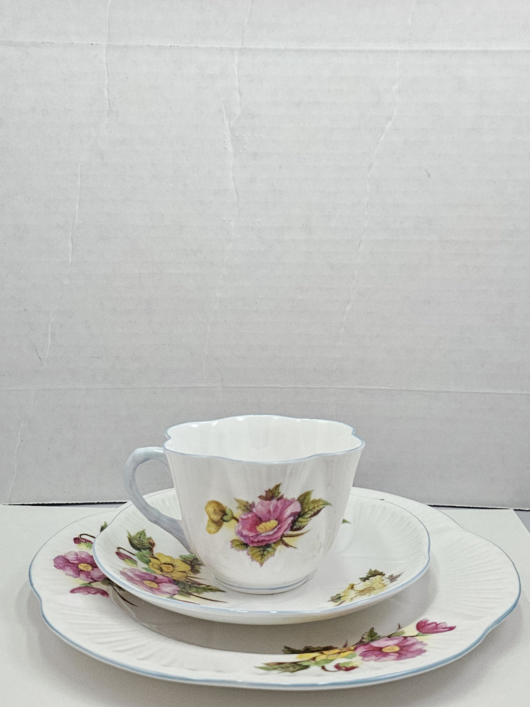 Shelley England Dainty Porcelain Cup Saucer Trio Begonia Pattern Cornflower Blue Trim