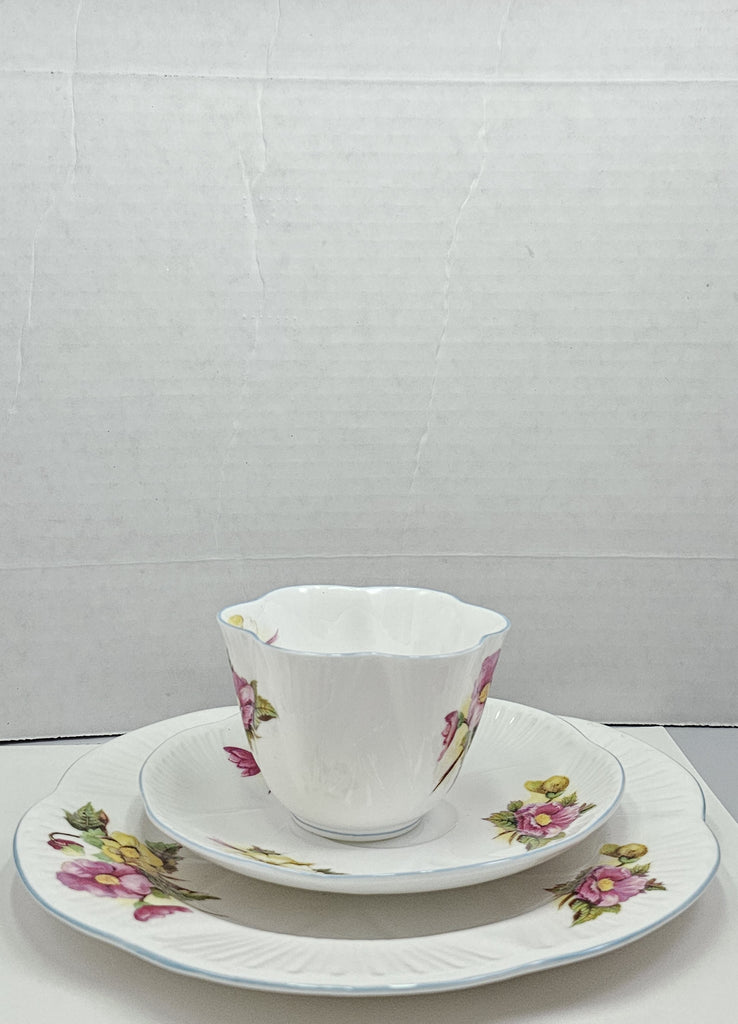 Shelley England Dainty Porcelain Cup Saucer Trio Begonia Pattern Cornflower Blue Trim