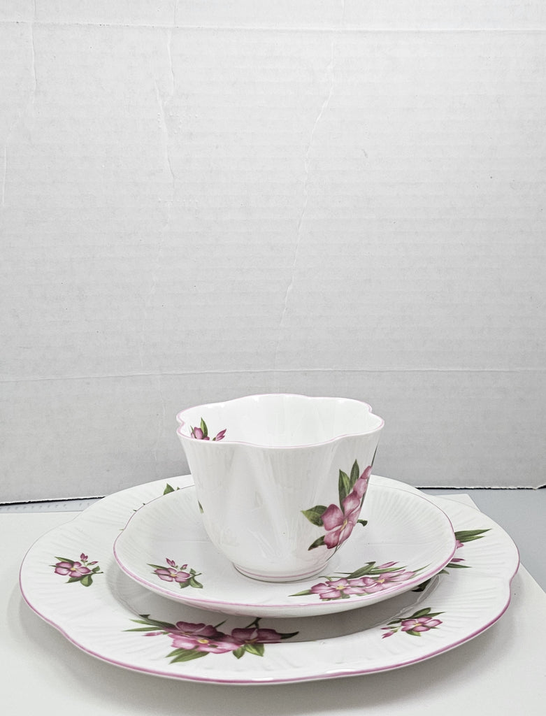 Shelley England Dainty Porcelain Cup Saucer Trio Pink Oleander Pattern Pink Trim