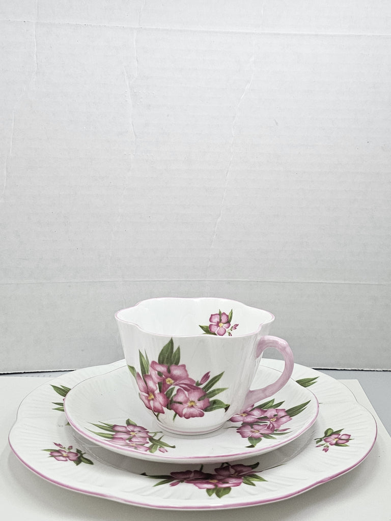 Shelley England Dainty Porcelain Cup Saucer Trio Pink Oleander Pattern Pink Trim