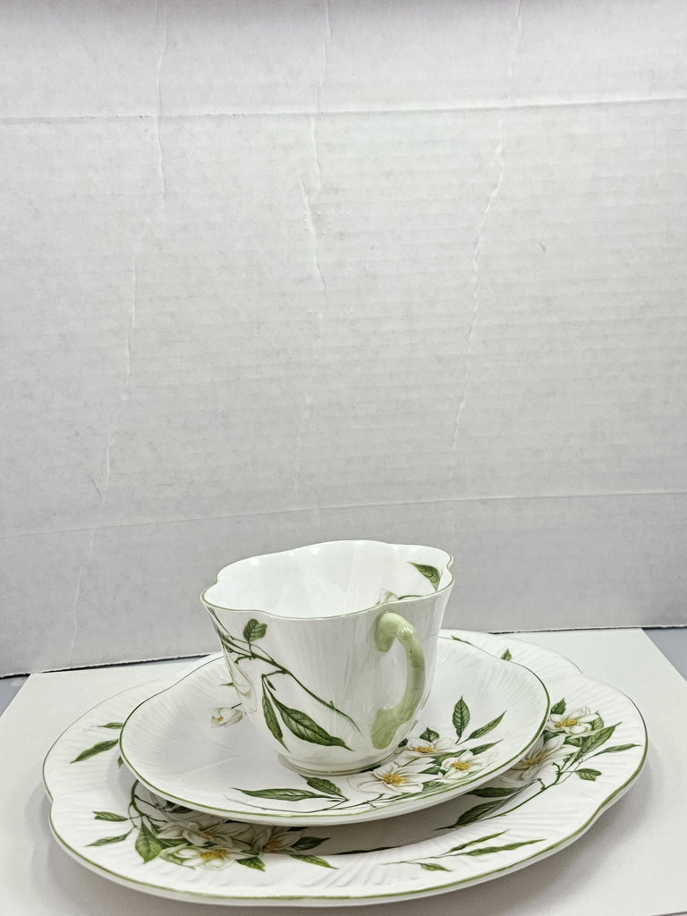 Shelley England Dainty Porcelain Cup Saucer Trio Syringa Pattern Green Trim