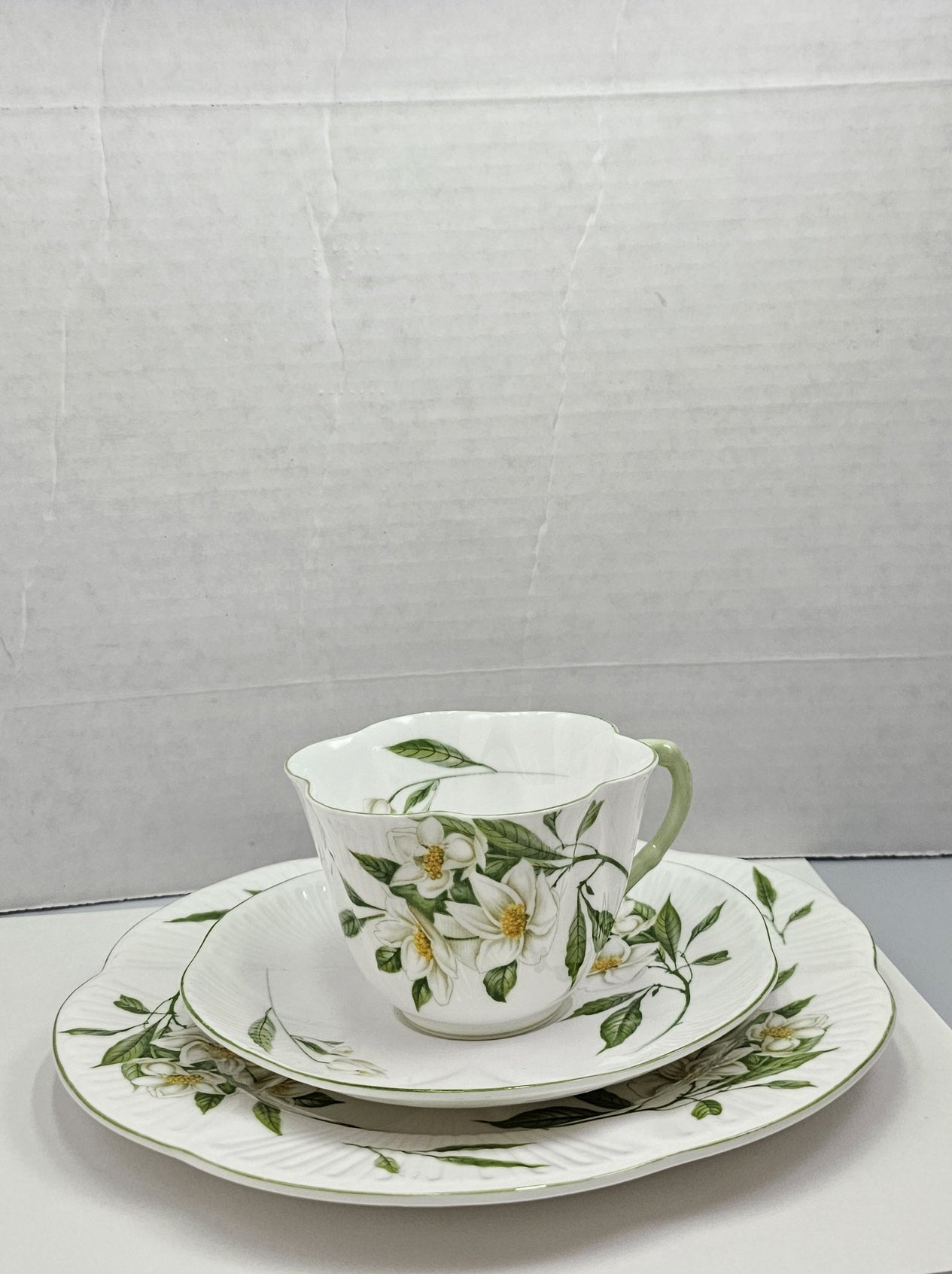 Shelley England Dainty Porcelain Cup Saucer Trio Syringa Pattern Green Trim