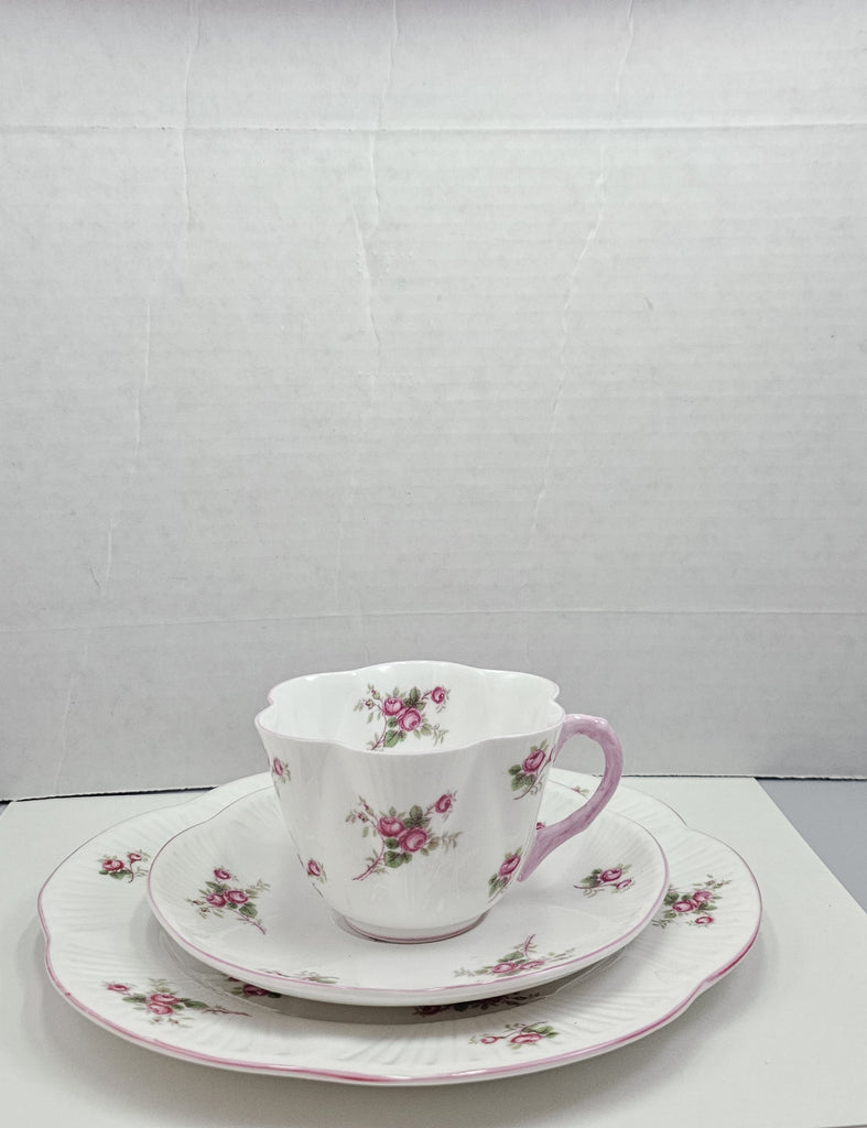 Shelley England Dainty Porcelain Cup Saucer Trio Bridal Rose Pattern Pink Trim