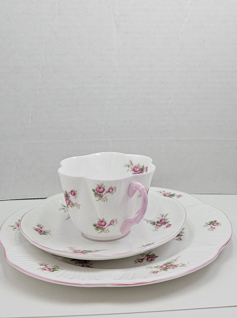 Shelley England Dainty Porcelain Cup Saucer Trio Bridal Rose Pattern Pink Trim