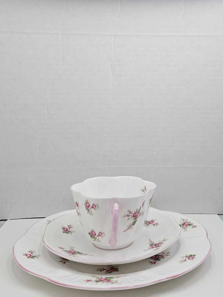 Shelley England Dainty Porcelain Cup Saucer Trio Bridal Rose Pattern Pink Trim