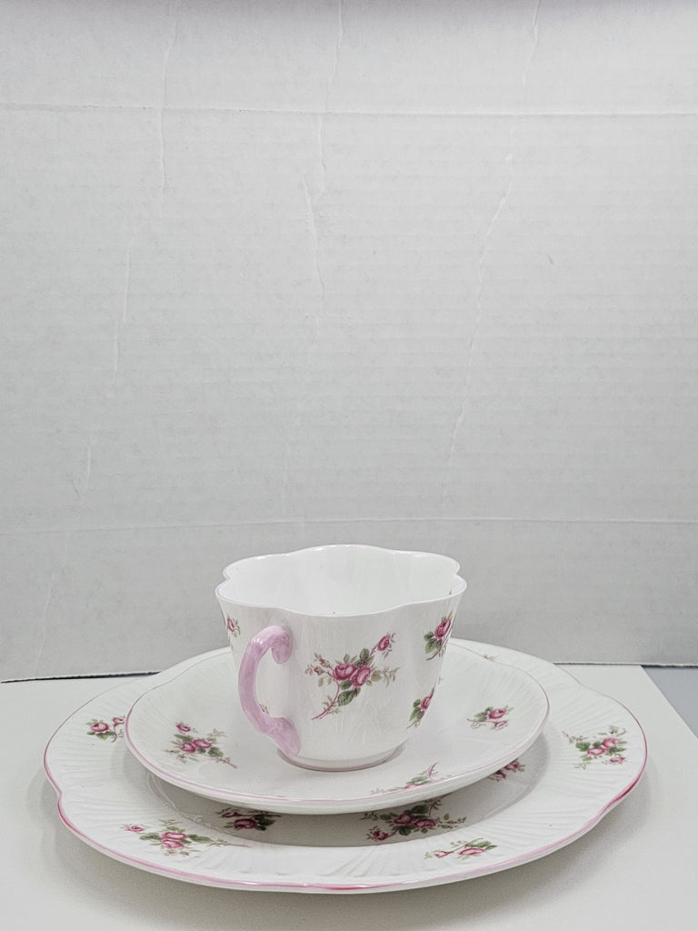 Shelley England Dainty Porcelain Cup Saucer Trio Bridal Rose Pattern Pink Trim