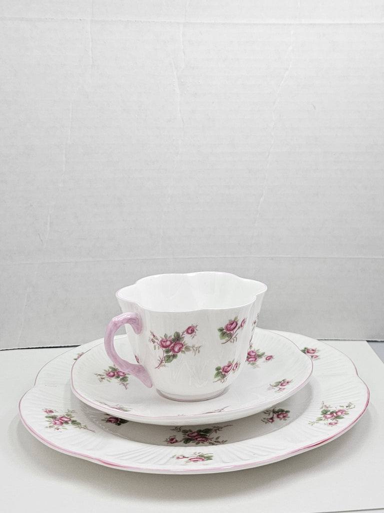 Shelley England Dainty Porcelain Cup Saucer Trio Bridal Rose Pattern Pink Trim