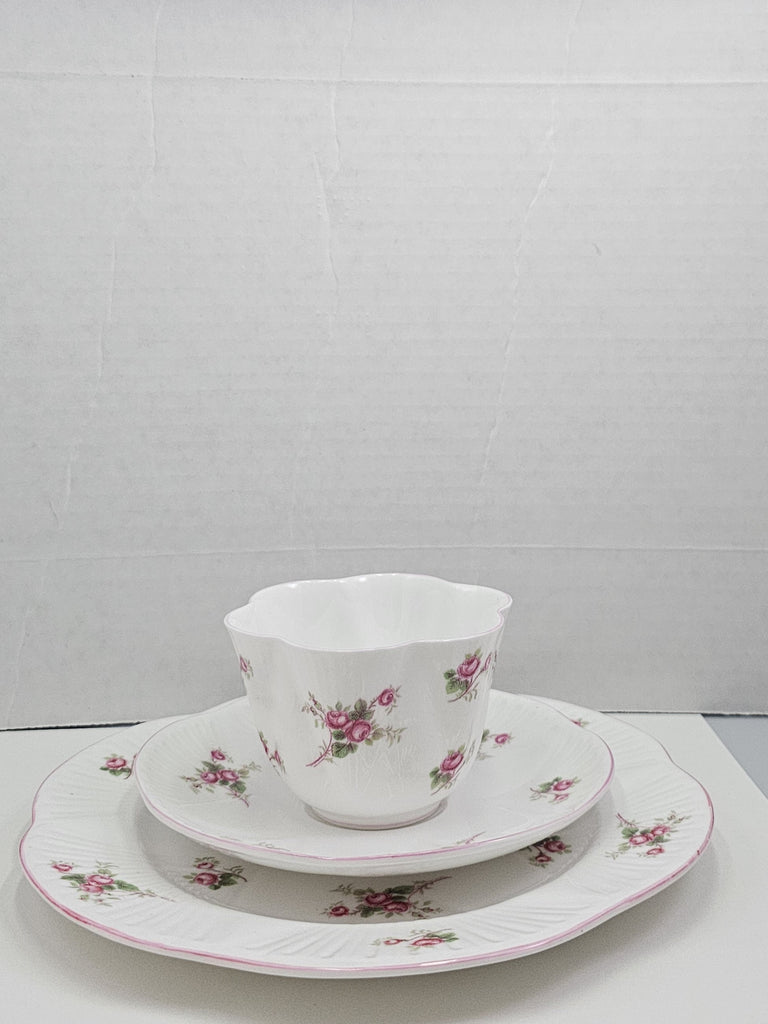 Shelley England Dainty Porcelain Cup Saucer Trio Bridal Rose Pattern Pink Trim