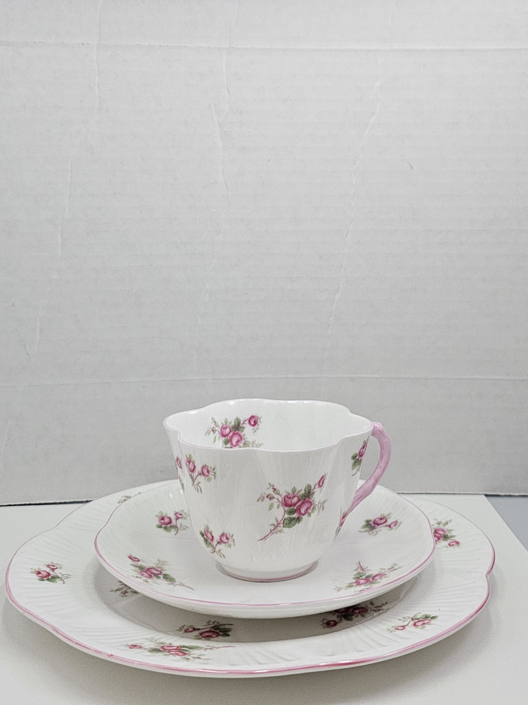 Shelley England Dainty Porcelain Cup Saucer Trio Bridal Rose Pattern Pink Trim