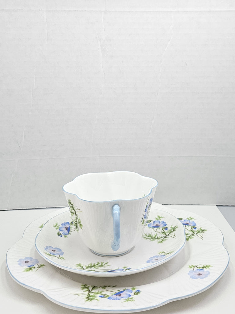 Shelley England Dainty Porcelain Cup Saucer Trio Blue Poppy Pattern Cornflower Blue Trim