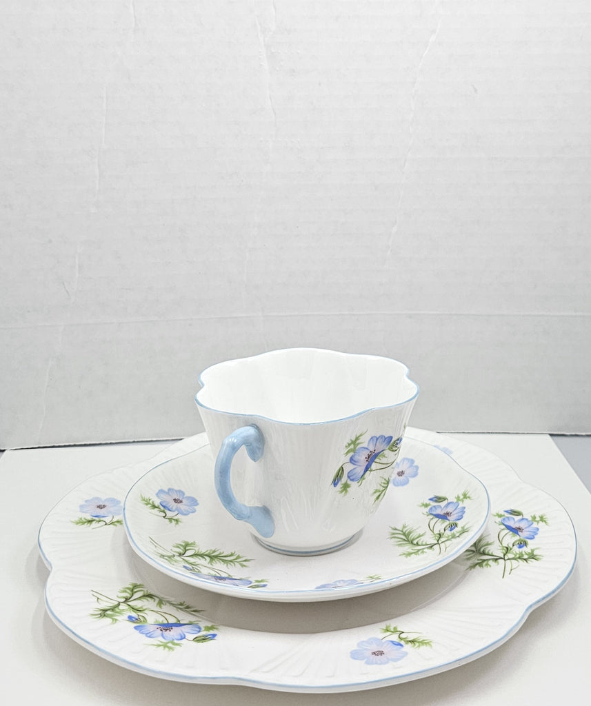 Shelley England Dainty Porcelain Cup Saucer Trio Blue Poppy Pattern Cornflower Blue Trim