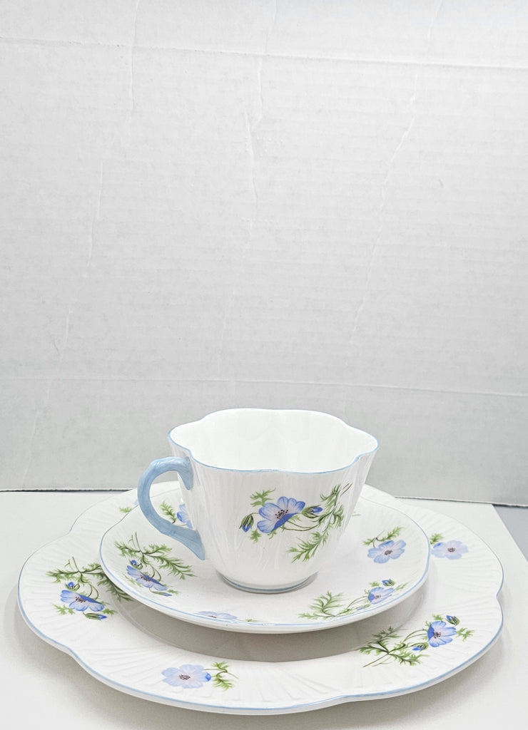 Shelley England Dainty Porcelain Cup Saucer Trio Blue Poppy Pattern Cornflower Blue Trim