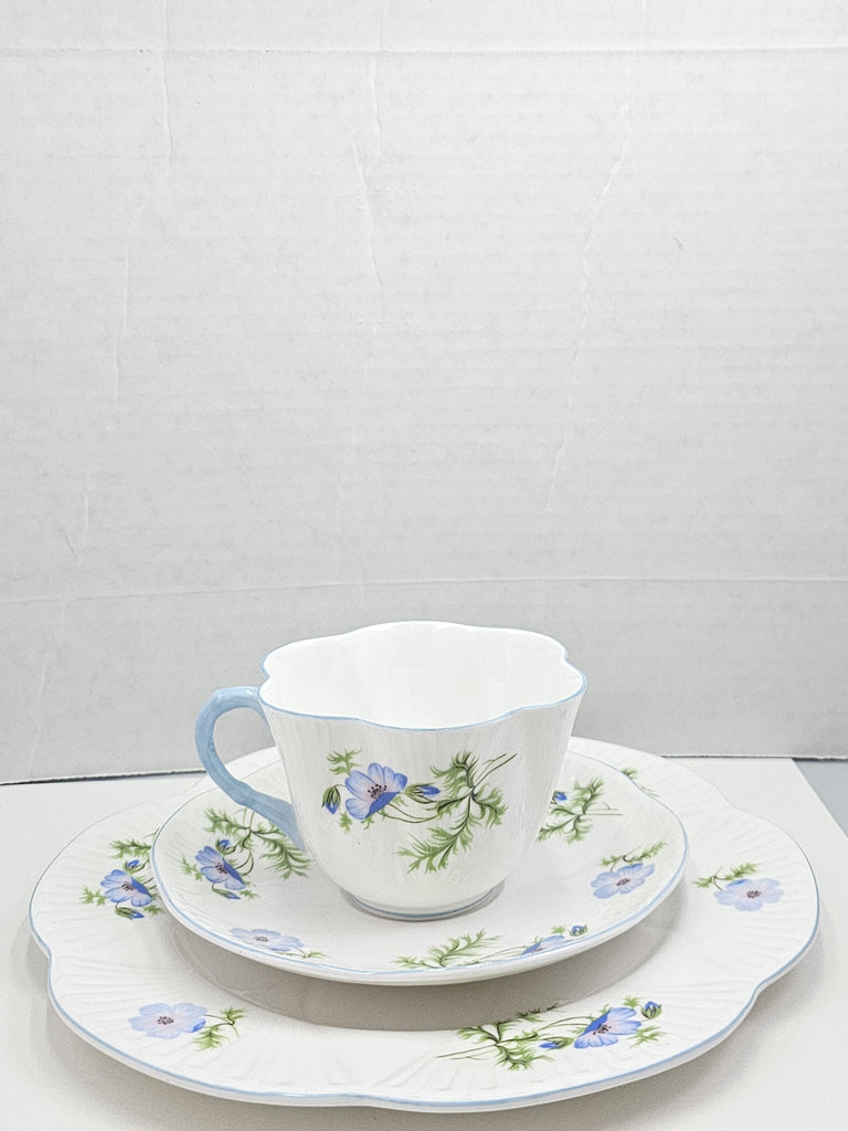 Shelley England Dainty Porcelain Cup Saucer Trio Blue Poppy Pattern Cornflower Blue Trim