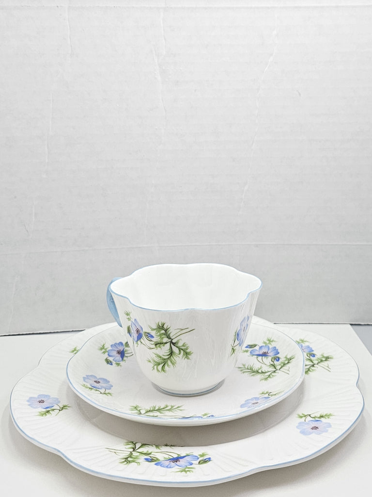 Shelley England Dainty Porcelain Cup Saucer Trio Blue Poppy Pattern Cornflower Blue Trim