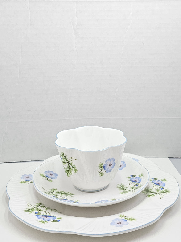 Shelley England Dainty Porcelain Cup Saucer Trio Blue Poppy Pattern Cornflower Blue Trim