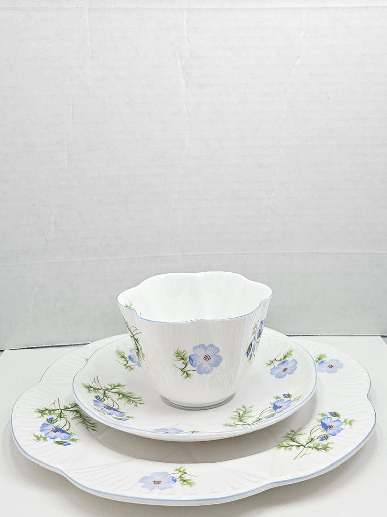 Shelley England Dainty Porcelain Cup Saucer Trio Blue Poppy Pattern Cornflower Blue Trim