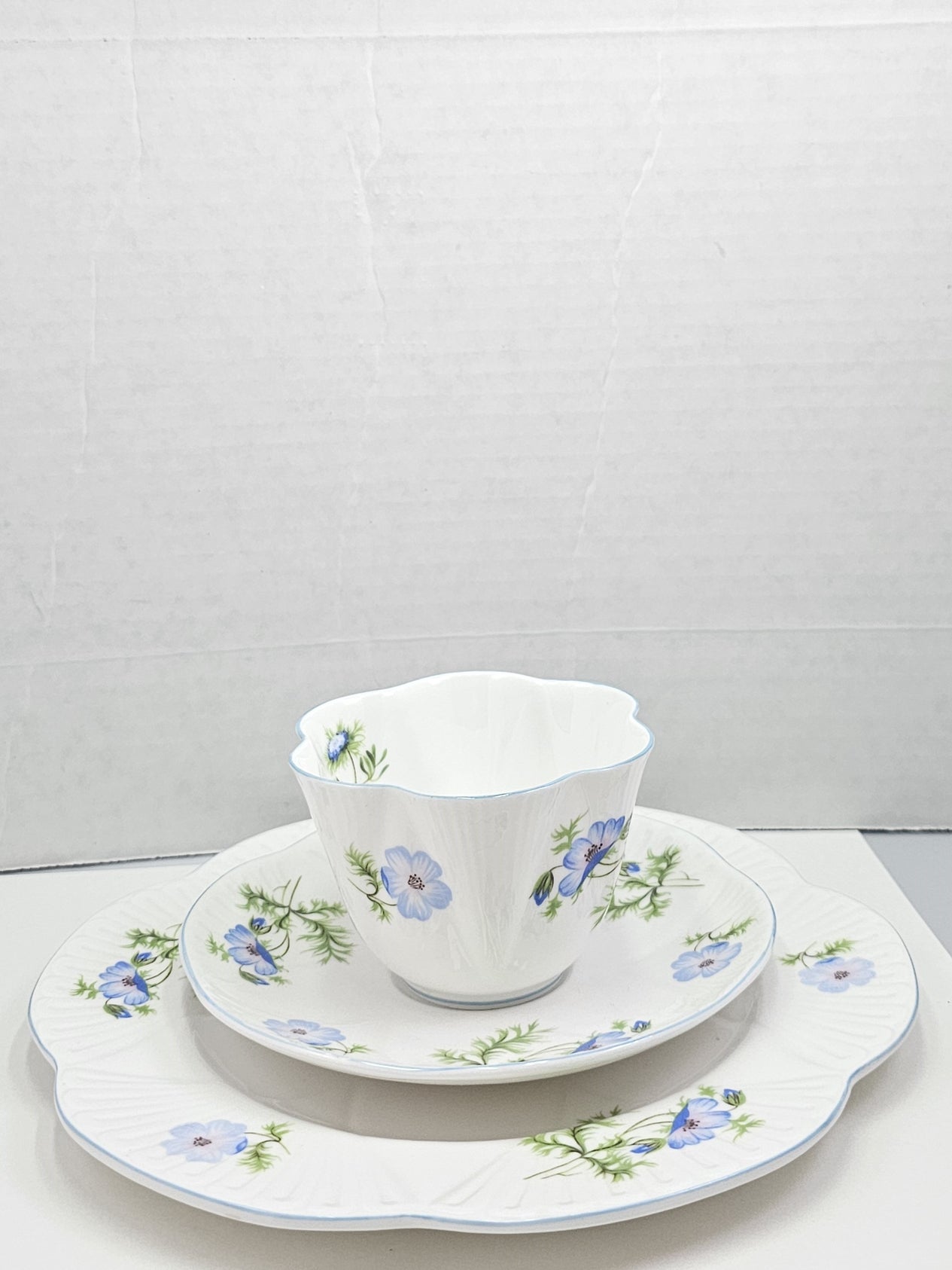 Shelley England Dainty Porcelain Cup Saucer Trio Blue Poppy Pattern Cornflower Blue Trim