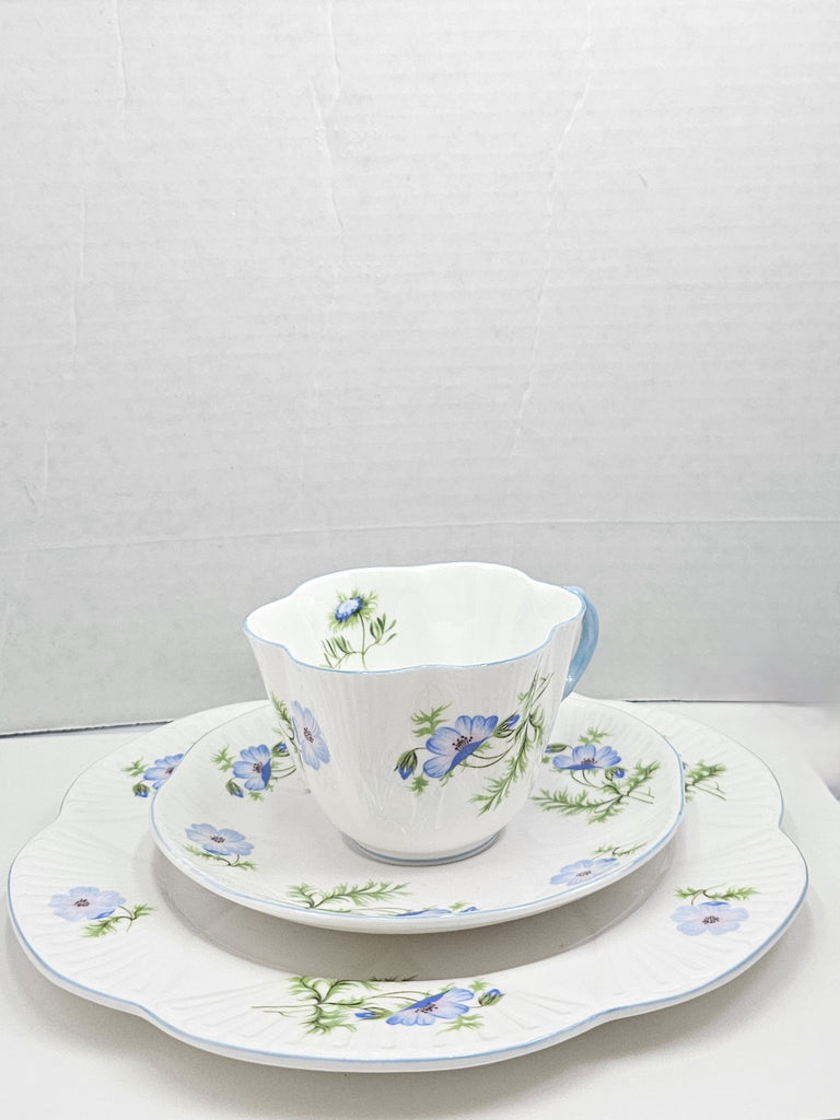 Shelley England Dainty Porcelain Cup Saucer Trio Blue Poppy Pattern Cornflower Blue Trim